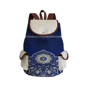 Blue and white porcelain print canvas backpack detail, classic travel student school bag.