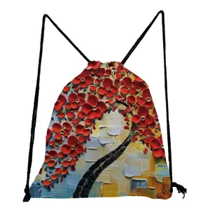 Canvas drawstring backpack featuring a vibrant textured red floral oil painting art print design.