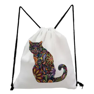Witte bloemen kat trekkoord rugzak casual student school sport tas gymzak textiel tasje