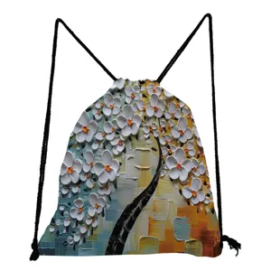 Canvas drawstring backpack featuring a textured 3d white oil painting floral tree print.