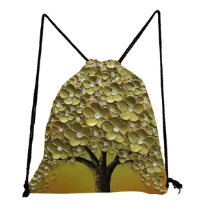 Golden oil painting tree print drawstring bag, fashion casual portable storage backpack style.