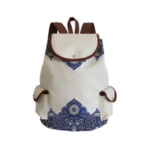 Blue and white porcelain print canvas backpack travel casual school bag for students daily use