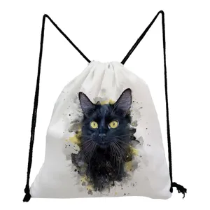 Sac à dos cordon avec imprimé chat noir, sac de sport blanc décontracté pour tous.
