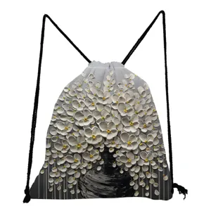 Detailed view of the oil painting floral print drawstring backpack, showcasing fine canvas texture.