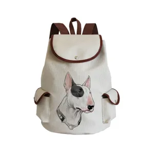 Segeltuch Rucksack mit Hundemotiv, braunem Lederbesatz, lässige Reisetasche für Alltag.