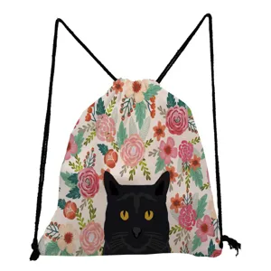 Casual bloemen zwarte kat print trekkoord rugzak voor dagelijks gebruik, stijlvolle tas.