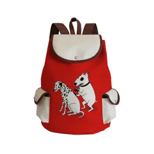 Detailansicht des Rucksacks mit witzigem Hunde-Tattoo-Druck und strapazierfähigen Riemen.