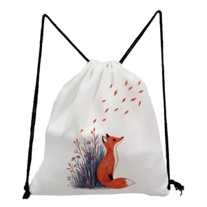 Sac à dos à cordon en toile blanche avec un charmant imprimé de renard pour un usage quotidien.