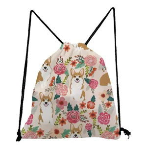 Corgi bloemen print trekkoord rugzak casual schattige school sport gym tas stof lichtgewicht