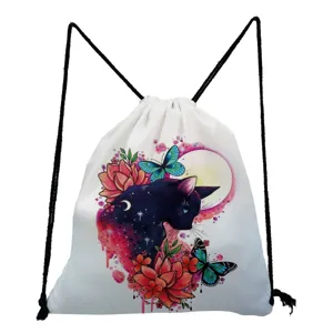 Sac a dos cordon imprime chat mignon toile decontracté etudiant ecole sport sac blanc