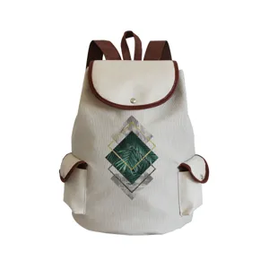Lässiger Canvas-Rucksack mit braunen Lederakzenten und stilvollem geometrischem Blatt-Print neu