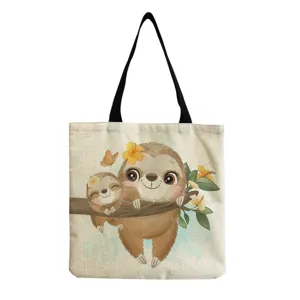 Sac cabas en toile avec imprimé paresseux mignon, sac à épaule décontracté et élégant.
