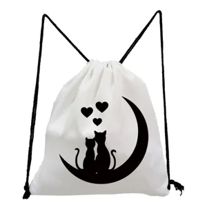 Sac à dos cordon blanc avec impression de chat et de lune mignon, sac de sport.