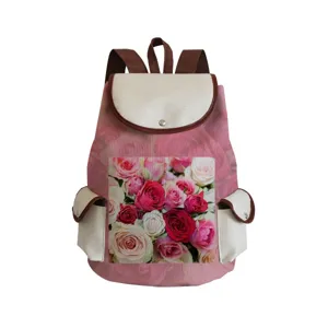 Floral print canvas backpack with large capacity, brown straps and chic beige pockets.