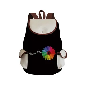 Classic canvas backpack with rainbow flower print, large capacity student school bag for daily use.