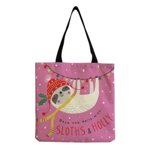 Joli sac cabas en toile rose avec imprimé paresseux, sac à bandoulière stylé pour femmes.
