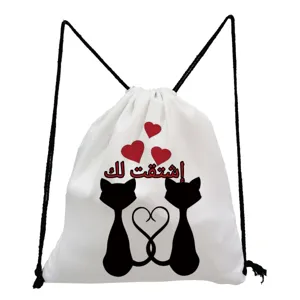 Sac à dos cordon motif chat sac de sport décontracté en toile avec cœurs pour voyage