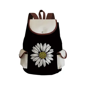 Classic black campus student backpack with white daisy flower print and beige pockets.