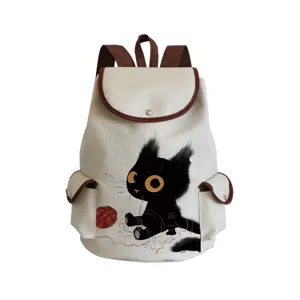 Sac à dos en toile avec adorable imprimé chat noir, cartable décontracté pour étudiants