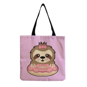 Sac cabas en toile avec impression paresseux mignon, vue détaillée design donut et anses noires.