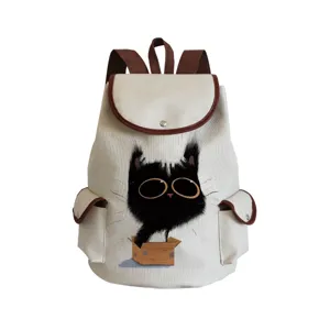 Sac à dos en toile imprimé chat noir mignon avec bordure en cuir pour voyage et école.