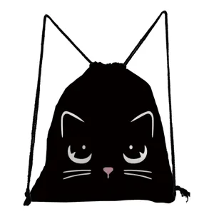 Sac à dos cordon mignon motif chat noir, sac de sport décontracté pour les étudiants.