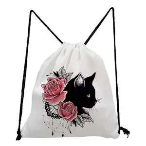 Sac à dos cordon en toile blanche élégant avec imprimé chat noir et roses pour femmes.