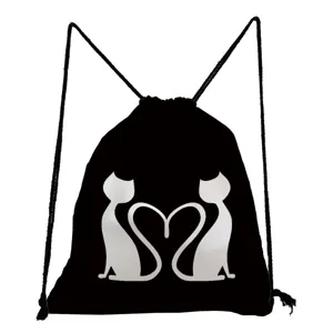 Sac à dos cordon noir avec motif de chat mignon en cœur, sac décontracté pour étudiant.