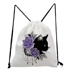Sac à dos cordon en toile avec un joli motif chat noir et roses violettes pour loisir.