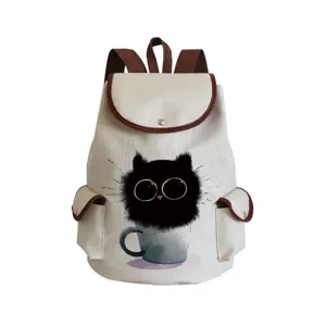Sac à dos en toile imprimé chat noir mignon, sac de voyage décontracté pour étudiants et loisirs.