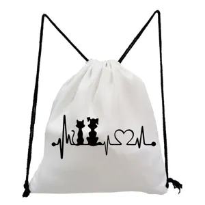 Sac à dos cordon blanc avec motif chat et chien électrocardiogramme pour les étudiants