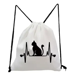 Sac à dos cordon en toile blanche imprimé chat mignon, sac de sport décontracté.