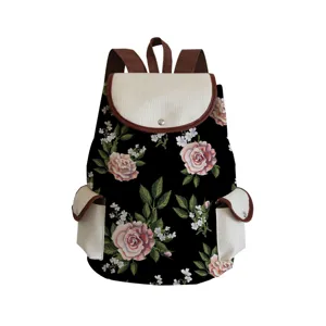 Vintage floral print backpack with black background canvas student school bag casual daypack