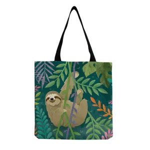 Sac cabas en toile avec imprimé paresseux mignon, sac à main décontracté avec motif jungle tropicale.