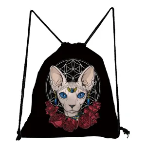 Sac à Dos Cordon Imprimé Chat Sphynx Sac de Gym Noir En Tissu Style Mystique Cool