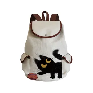 Sac à dos décontracté en toile avec imprimé de chat noir mignon et détails en cuir marron.