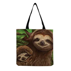 Sac cabas en toile imprimé paresseux mignon, sac à main épaule décontracté poignées noires.