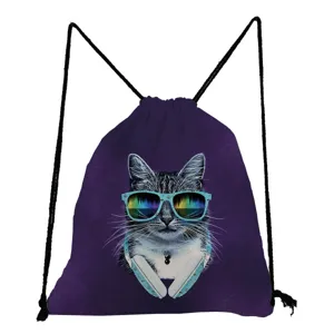 Sac à dos à cordon imprimé chat violet sac de sport décontracté joli motif animal école