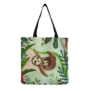 Sac cabas en toile avec imprime paresseux, sac d'epaule animal mignon pour les loisirs.