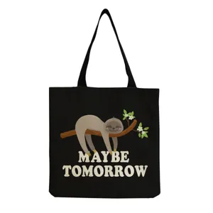 Gros plan détaillé du sac cabas en toile noire avec imprimé paresseux et texte.