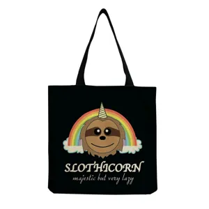 Sac cabas en toile noire avec imprimé paresseux licorne mignon, sac à épaule décontracté.