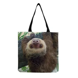 Sac cabas en toile avec imprimé paresseux mignon, sac à bandoulière décontracté et poignées.