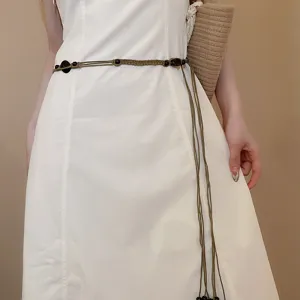 Ethnic style wax rope wooden bead acrylic woven oval waist chain elegant high-end belt detail