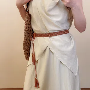 Boho style woven belt with tassel and wooden beads, elegant waist chain for women fashion.