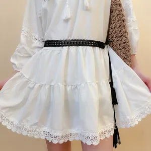Ethnic style woven waist belt with tassels, stylish accessory for women's dresses