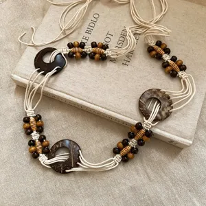 Bohemian wooden bead woven waist chain belt, stylish acrylic ring wax rope decorative dress belt.