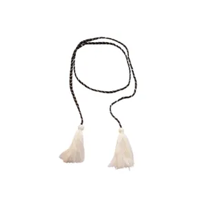 Ethnic style braided waist chain with white tassels, chic boho belt accessory for women.