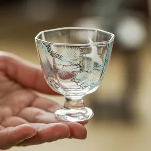 Taza de Té de Vidrio Resistente al Calor Con Patrón de Pino y Grulla Pie Alto Kung Fu Taza de Cata de Té Hogar