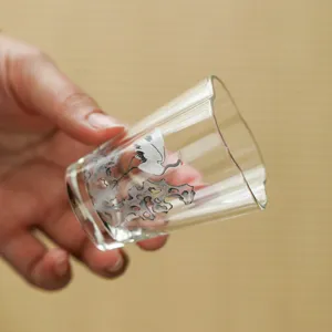 Traditional white crane glass teacup clear retro tea cup for office and home drinking water.