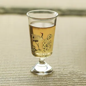Chinese style high-foot glass tea cup with elegant crane design for tasting tea and daily drinking.